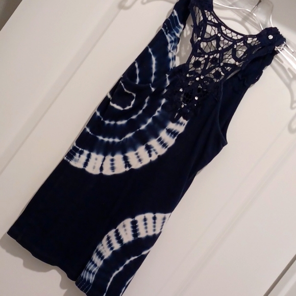 INC navy & white tie-dye rib tank with guipure lace - M - Picture 2 of 6
